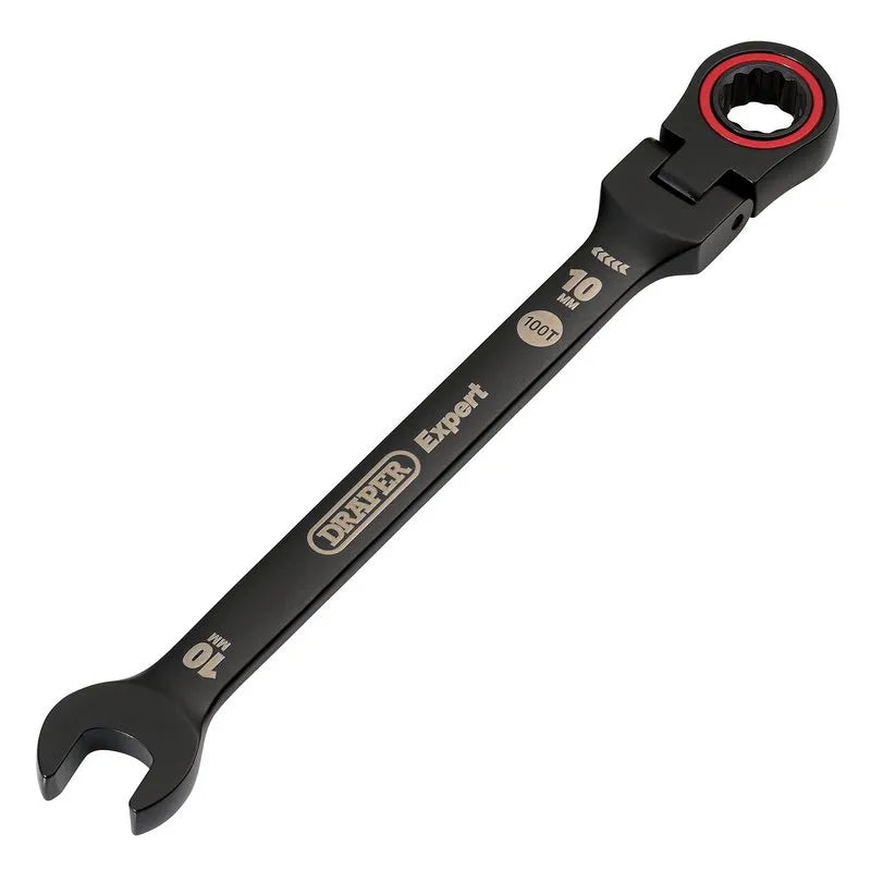 Draper Expert Hi-Torq Metric Flexible Head Ratchet Combination Spanner, 10mm, Black