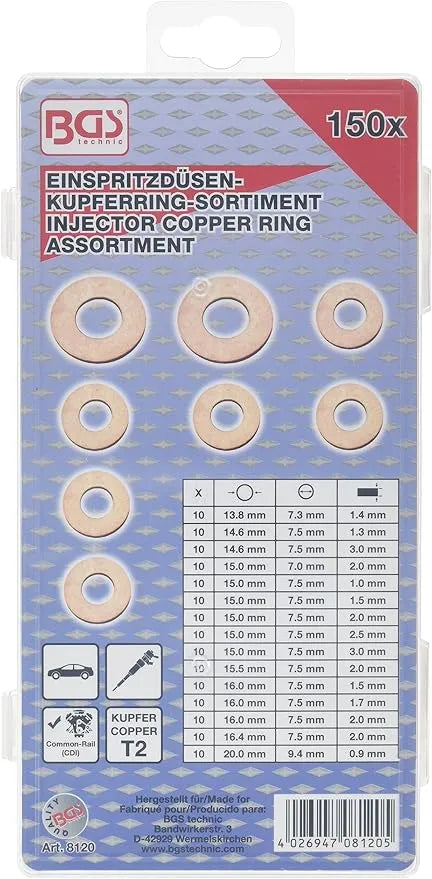 Injector Copper Ring Assortment - 150 pcs. for Common-Rail Diesel Systems (CDI) T2 Copper