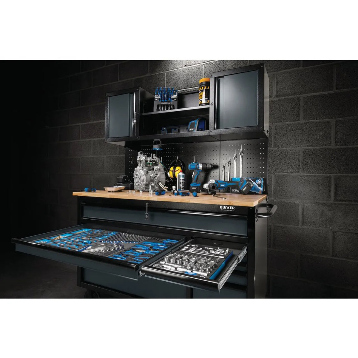 BUNKER 56" Mobile Workstation with 10 Drawers, Hardwood Worktop, and Pegboards - Grey