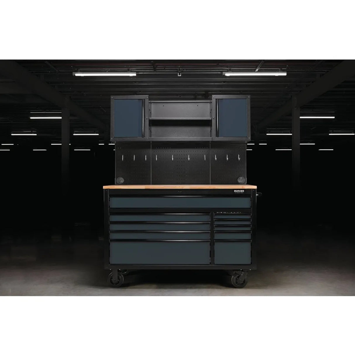 BUNKER 56" Mobile Workstation with 10 Drawers, Hardwood Worktop, and Pegboards - Grey