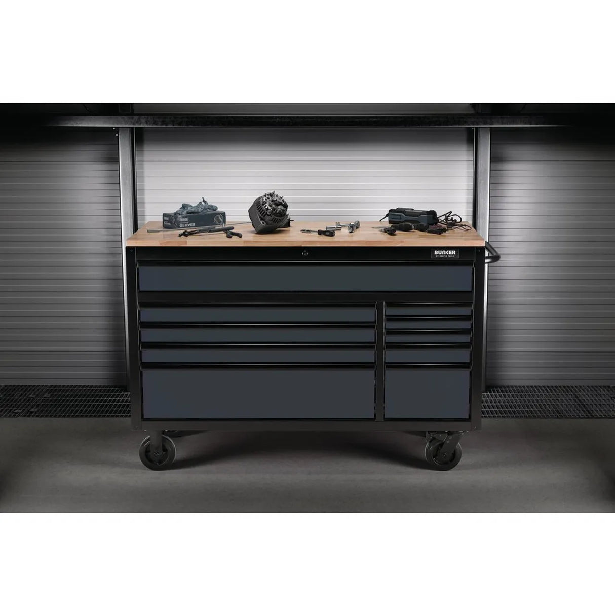 BUNKER 56" Workbench Roller Tool Cabinet with 10 Drawers, Hardwood Worktop - Grey (08227)