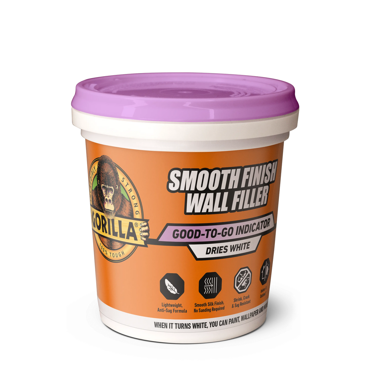 Gorilla Smooth Finish Wall Filler 473 ml - Colour‑Change Purple→White, Anti‑Sag & Crack‑Resistant (Code 118798)