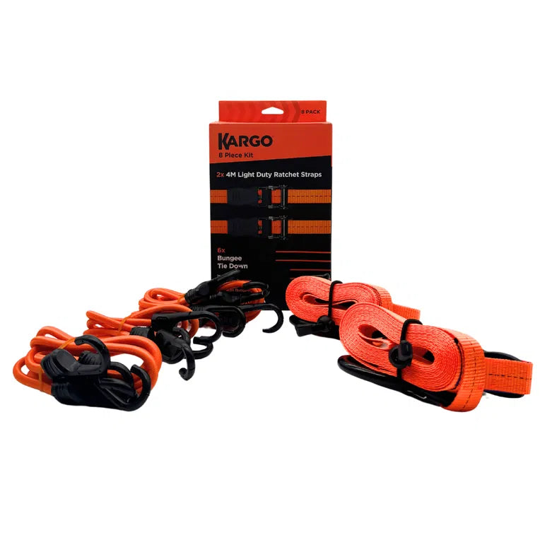 Kargo 8 Piece Tie-Down Kit - 2 Light Duty Straps & 6 Bungee Cords in Storage Bag