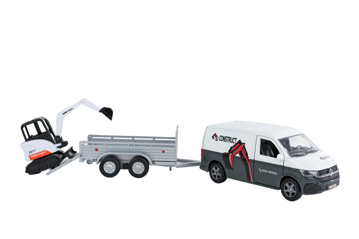 Kids Globe VW Transporter Van with Mini Excavator on Trailer - Pull‑Back 1:24 Toy