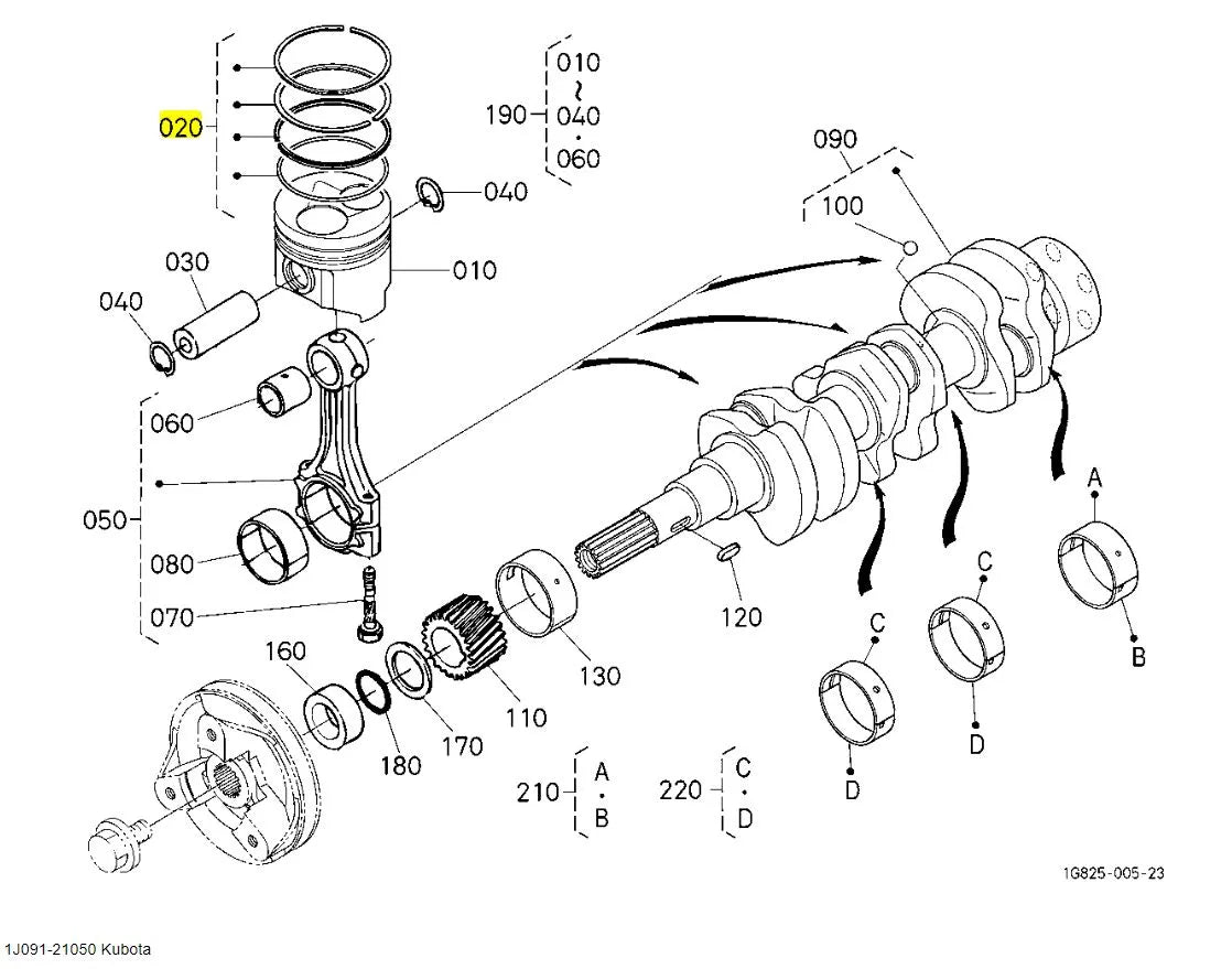 Kubota Piston Ring Assembly (1J091-21050) - OEM Replacement for BX, RTV, KX, U17 Series