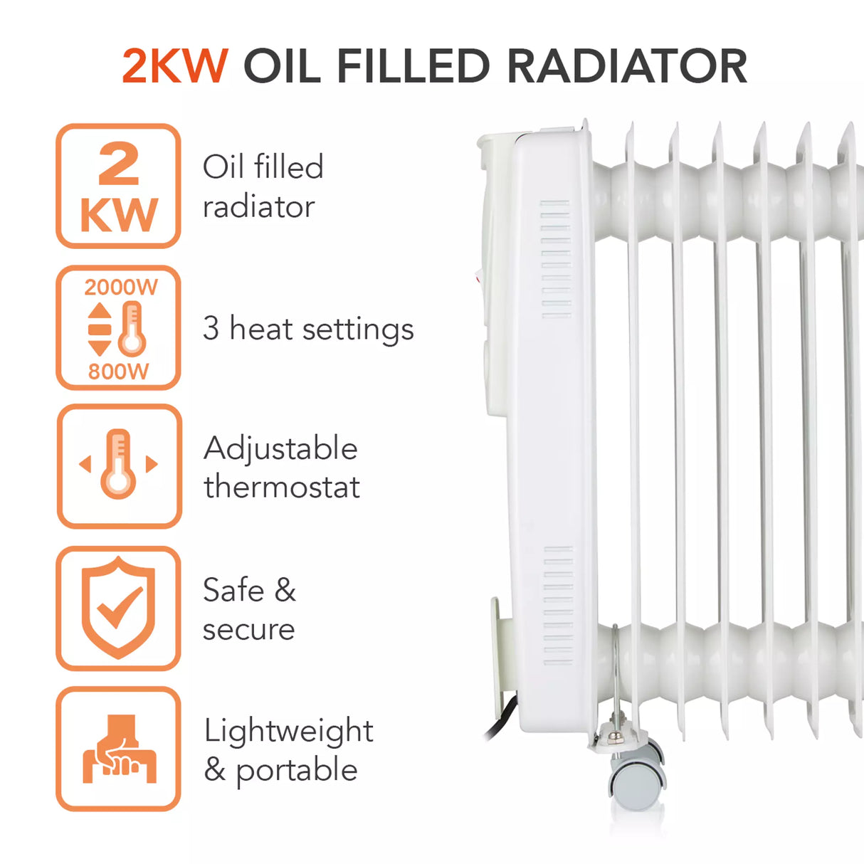 Warmlite 2kW Oil Filled Radiator - White BAR9102 | 9-Fin Portable Heater with Thermostat