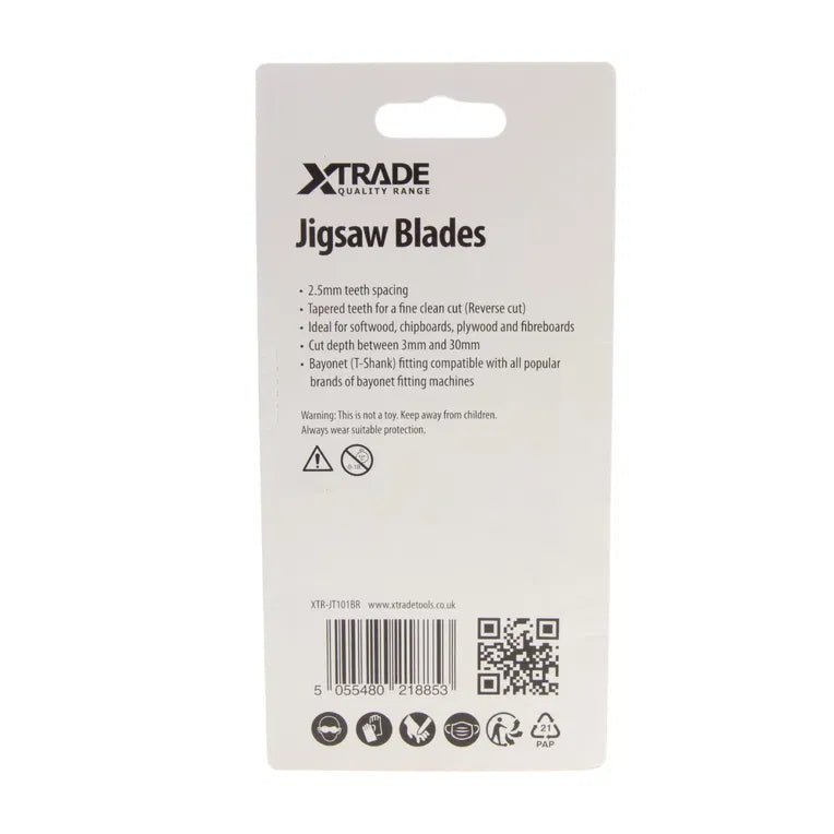 XTRADE JT101BR Jigsaw Blade Wood (5 Pack) - 100mm Reverse Cut CrV Blades for Splinter-Free Finishes