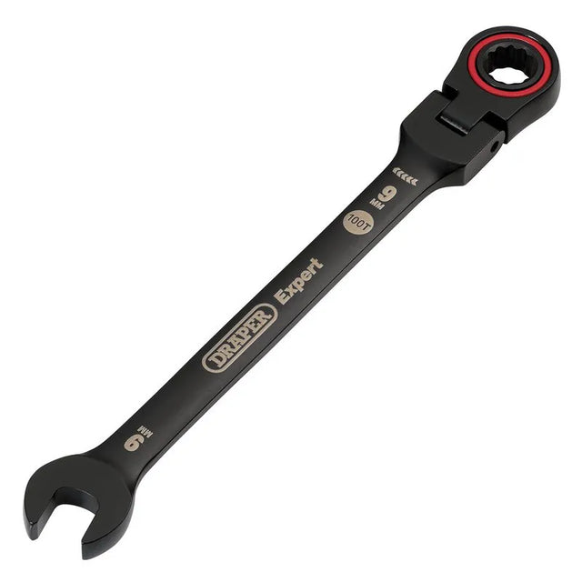 Draper Expert Hi-Torq Metric Flexible Head Ratchet Combination Spanner, 9mm, Black