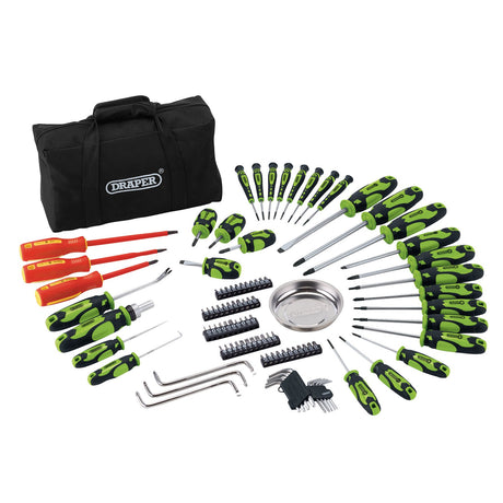 Draper Screwdriver And Bit Set With Soft Storage Bag, Green (100 Piece)