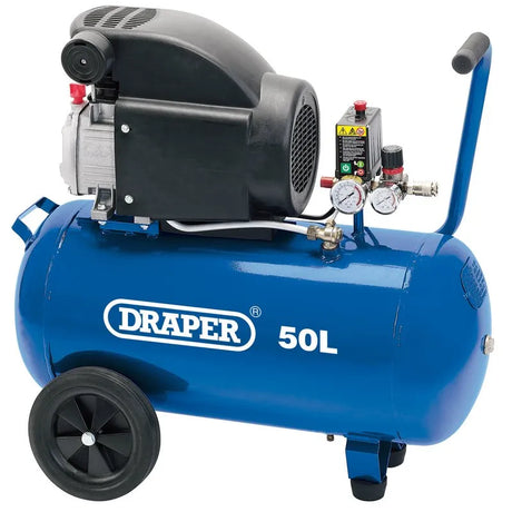 Draper 50L Direct Drive Air Compressor, 1.5kW/2HP - Thermal Protection, Pressure Regulator, Wheels (24981)