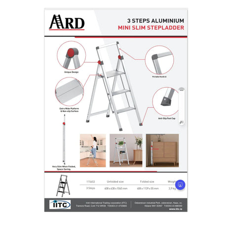 Ard 3 Step Aluminium Slim Step Ladder with Hand Rail