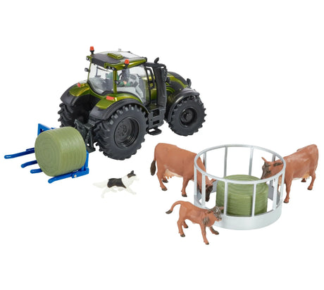 Britains Metallic Olive Green Valtra Playset with Cow Feeder & Bale Lifter - 1:32 Scale Farm Model 43323