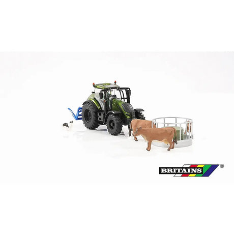 Britains Metallic Olive Green Valtra Playset with Cow Feeder & Bale Lifter - 1:32 Scale Farm Model 43323