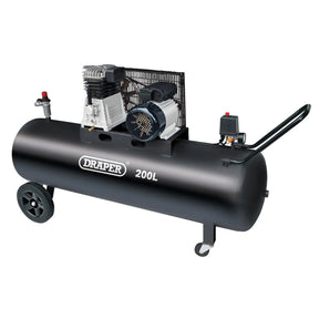 Draper 200L Belt-Driven Air Compressor, 2.2kW/3HP - Workshop Use with Thermal Protection and Quick Euro Coupling (55315)
