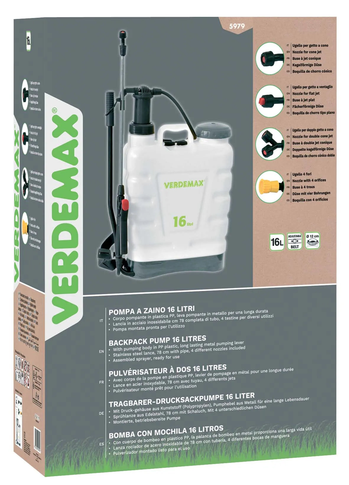 Verdemax 16L Mechanical Backpump Knapsack Sprayer | 4 Nozzles Included | 75cm Lance