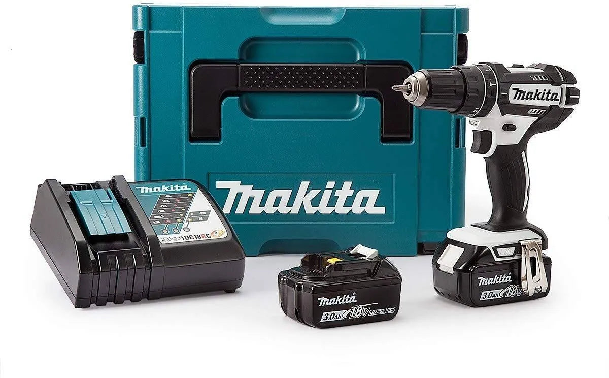 Makita DHP482RFWJ Combi Drill (Black and White Edition) 18 V with 2 x 3.0 Ah Batts and DC18RC Charger in a MakPac Case