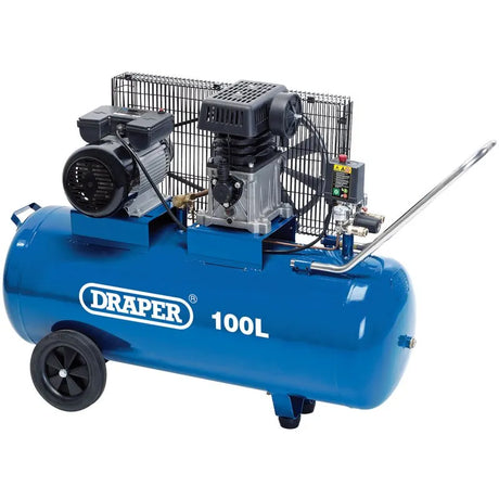 Draper 100L Belt-Driven Air Compressor, 2.2kW/3HP - Workshop Use with Thermal Protection and Quick Euro Couplings (31254)