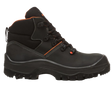 Black hiking boot with orange accents on a white background