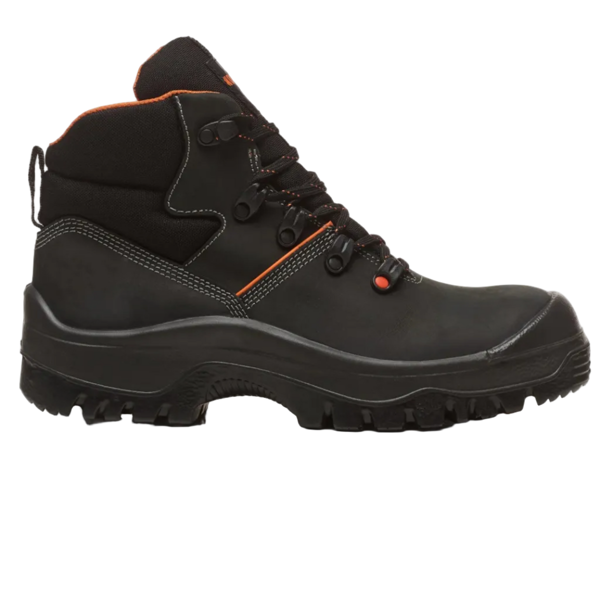 Black hiking boot with orange accents on a white background