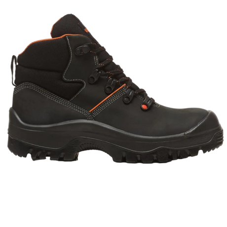 Black hiking boot with orange accents on a white background