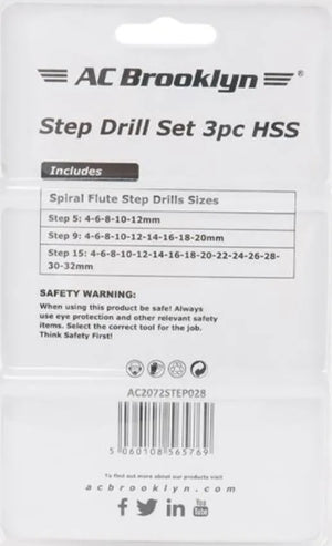 AC Brooklyn 3-Piece Large Step Drill Bit Set - Precision Drilling for Metal, Wood, and Plastic