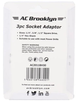 AC Brooklyn 3-Piece Socket Adaptor Set - 1/4", 3/8", 1/2" Drive, Power Drill Compatible