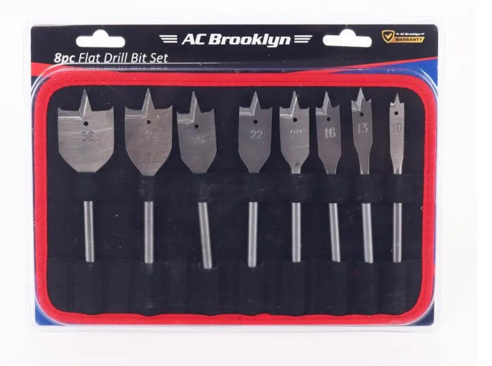 AC Brooklyn 8PC Flat Bit Set - Double Spur Design for Clean, Fast Drilling in Wood, Plastic & Plasterboard