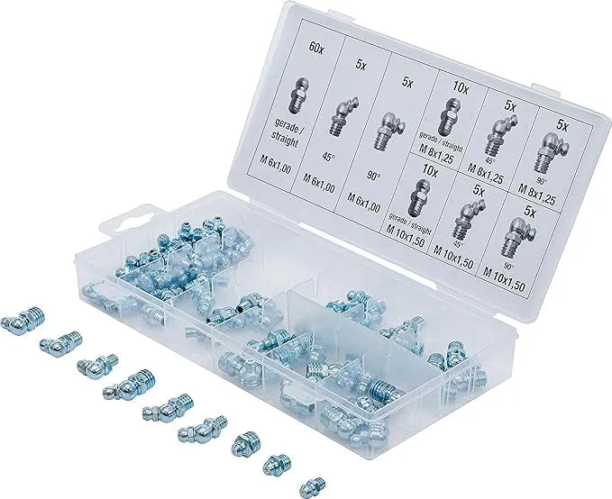 Grease Nipple Assortment - 110 pcs. | Straight, 45° & 90° Angles | Carbon Steel (A3) Galvanized