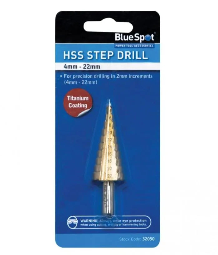 BlueSpot Step Drill 4-22mm - HSS Titanium Coated Precision Drill Bit