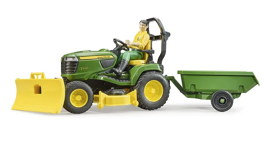 Bruder John Deere X949 Ride On Tractor Lawnmower With Trailer And Man