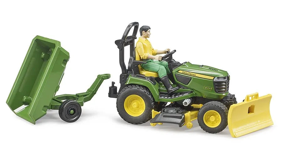 Bruder John Deere X949 Ride On Tractor Lawnmower With Trailer And Man
