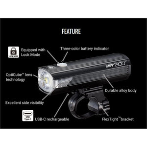 CatEye AMPP 1300 Front Bike Light - 1300 Lumen USB-C Rechargeable with Wide Beam