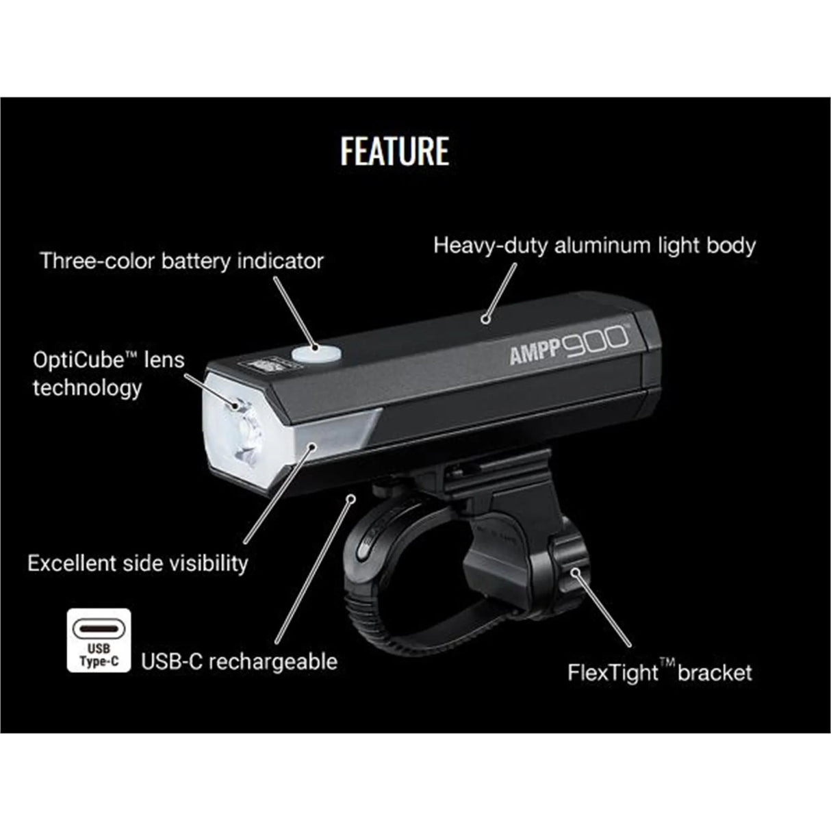 CatEye AMPP 900 Front Bike Light - 900 Lumen USB-C Rechargeable with OptiCube™ Beam