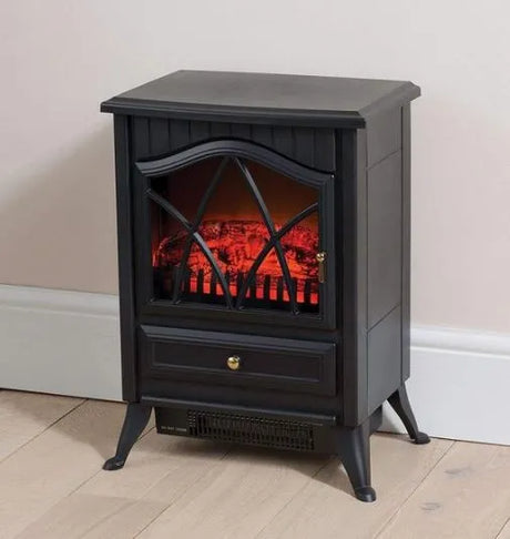 Daewoo 2kW Electric Stove Heater Black HEA1200 - Freestanding Fireplace with Flame Effect