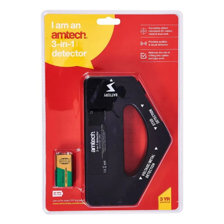 Amtech 3-IN-1 Detector | AC Cable, Metal & Stud Detection with Audible & Visual Alerts
