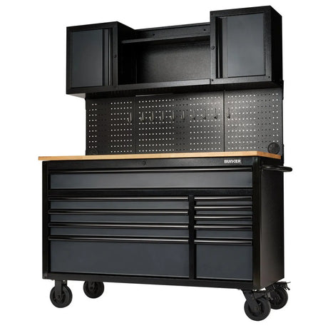BUNKER 56" Mobile Workstation with 10 Drawers, Hardwood Worktop, and Pegboards - Grey