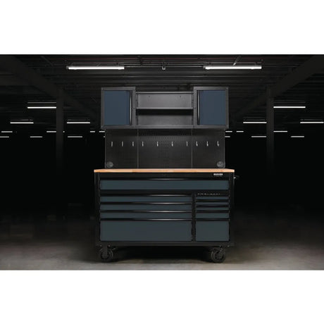 BUNKER 56" Mobile Workstation with 10 Drawers, Hardwood Worktop, and Pegboards - Grey