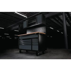 BUNKER 56" Mobile Workstation with 10 Drawers, Hardwood Worktop, and Pegboards - Grey