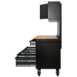 BUNKER 56" Mobile Workstation with 10 Drawers, Hardwood Worktop, and Pegboards - Grey