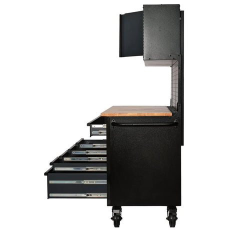 BUNKER 56" Mobile Workstation with 10 Drawers, Hardwood Worktop, and Pegboards - Grey