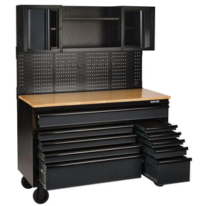 BUNKER 56" Mobile Workstation with 10 Drawers, Hardwood Worktop, and Pegboards - Grey