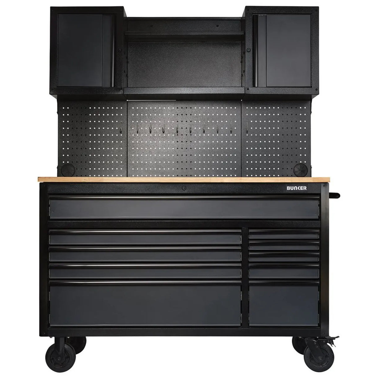 BUNKER 56" Mobile Workstation with 10 Drawers, Hardwood Worktop, and Pegboards - Grey
