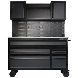BUNKER 56" Mobile Workstation with 10 Drawers, Hardwood Worktop, and Pegboards - Grey