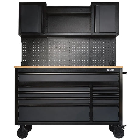 BUNKER 56" Mobile Workstation with 10 Drawers, Hardwood Worktop, and Pegboards - Grey