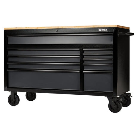 BUNKER 56" Workbench Roller Tool Cabinet with 10 Drawers, Hardwood Worktop - Grey (08227)