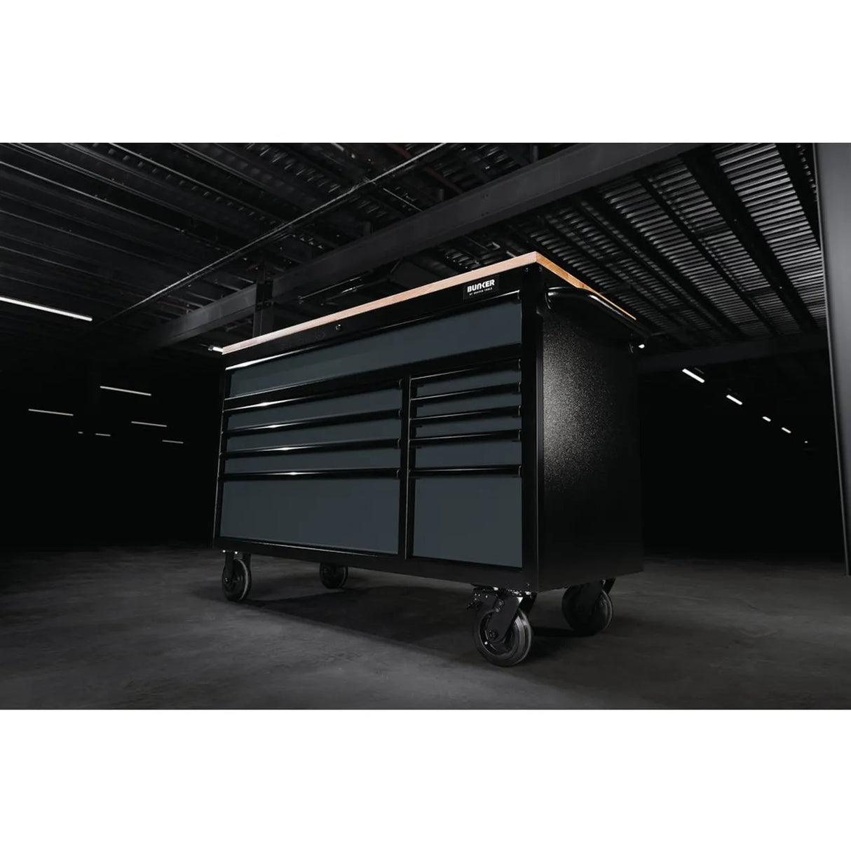 BUNKER 56" Workbench Roller Tool Cabinet with 10 Drawers, Hardwood Worktop - Grey (08227)