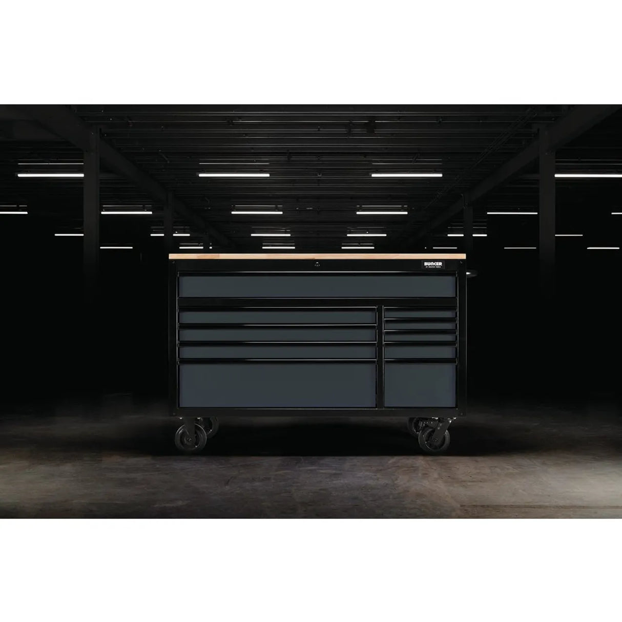BUNKER 56" Workbench Roller Tool Cabinet with 10 Drawers, Hardwood Worktop - Grey (08227)