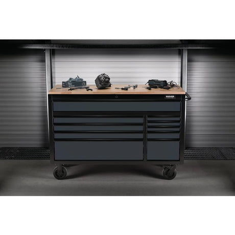 BUNKER 56" Workbench Roller Tool Cabinet with 10 Drawers, Hardwood Worktop - Grey (08227)
