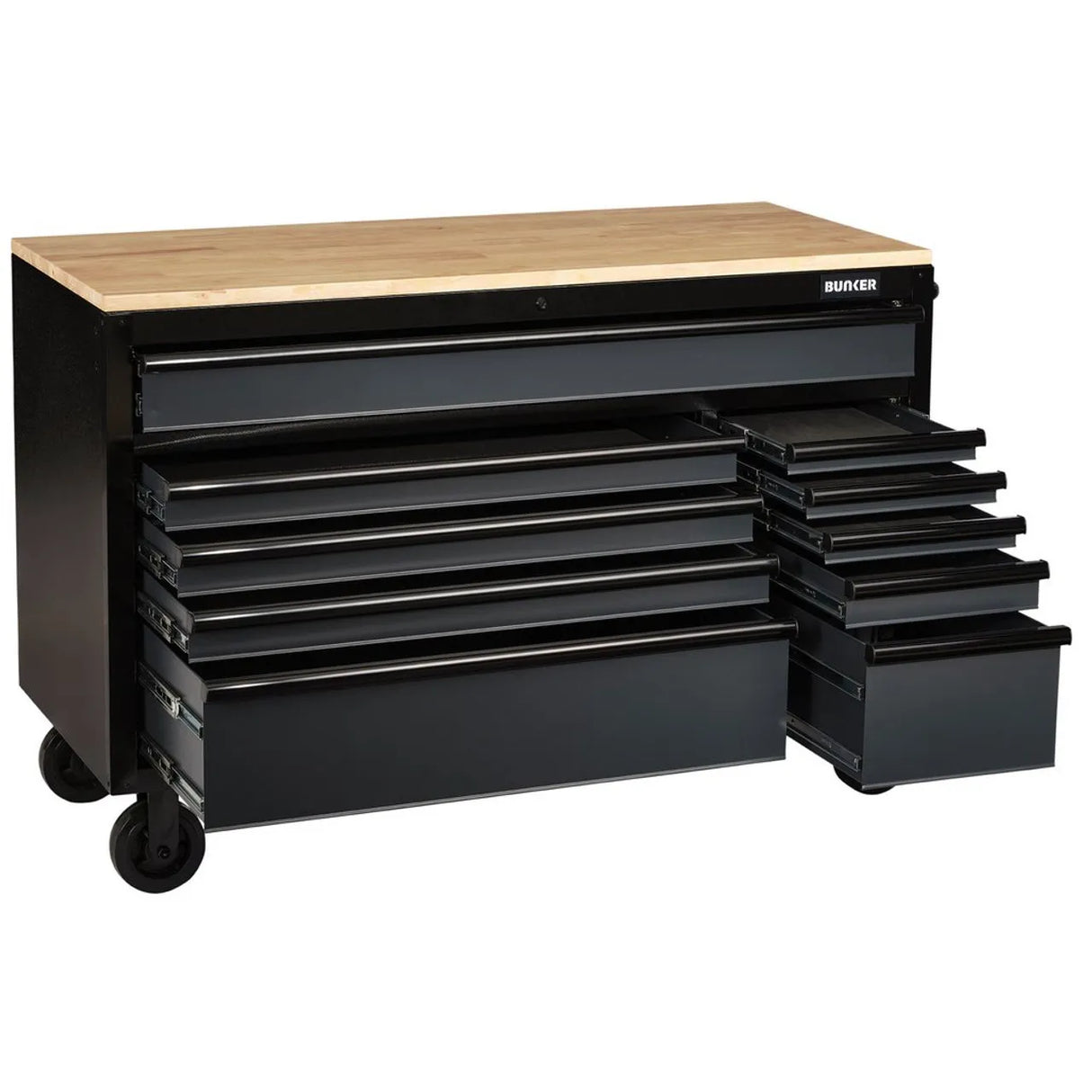 BUNKER 56" Workbench Roller Tool Cabinet with 10 Drawers, Hardwood Worktop - Grey (08227)