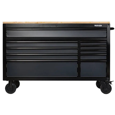 BUNKER 56" Workbench Roller Tool Cabinet with 10 Drawers, Hardwood Worktop - Grey (08227)